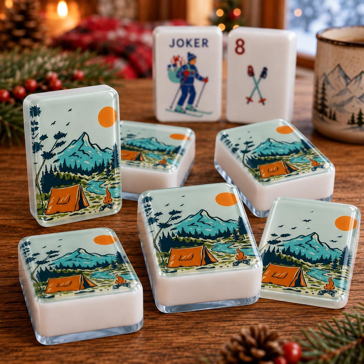Mountain Camp Ski American Mahjong Tiles with orange tent snowy mountain and river on back