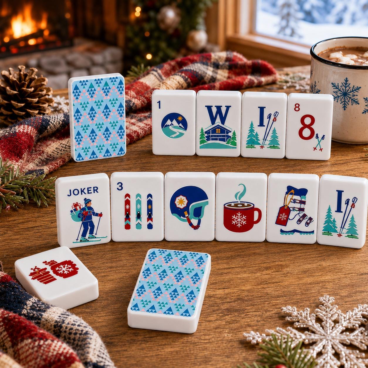 Blue Ski Lodge American Mahjong Tiles with blue mountain pattern skier and cocoa faces