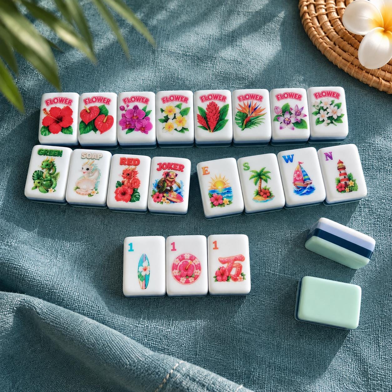 Lime-back tropical island American Mahjong tiles with flowers and seaside icons