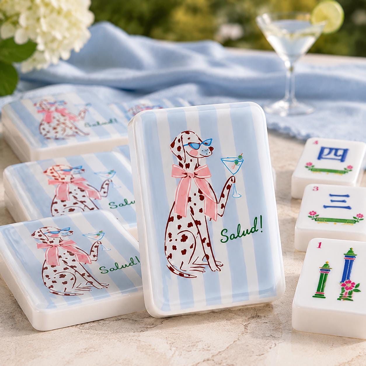 Dalmatian Cocktail American Mahjong Tiles with spotted dog sunglasses and pale blue striped back