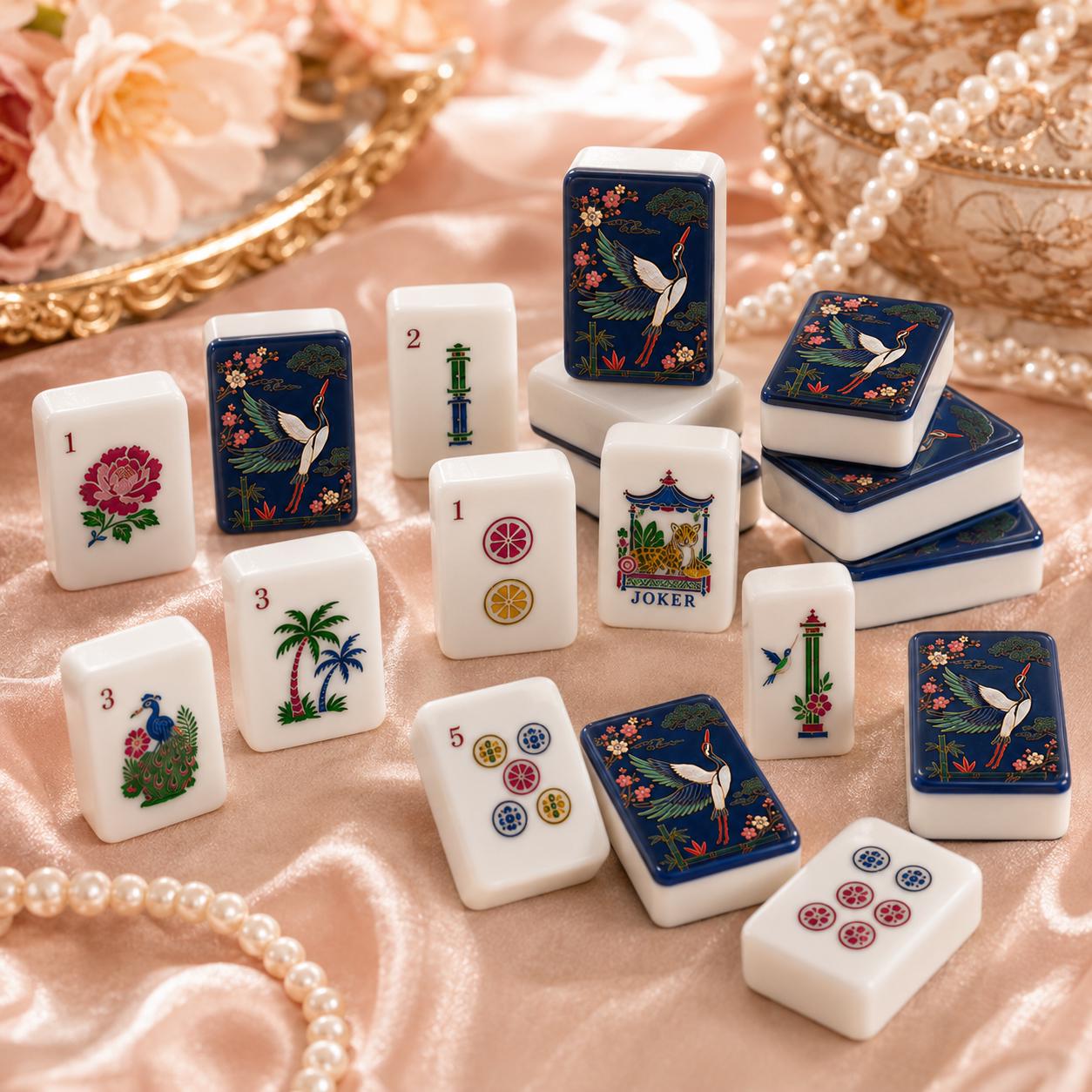Navy Crane Garden American Mahjong Tiles with white crane and flowers on dark blue backs