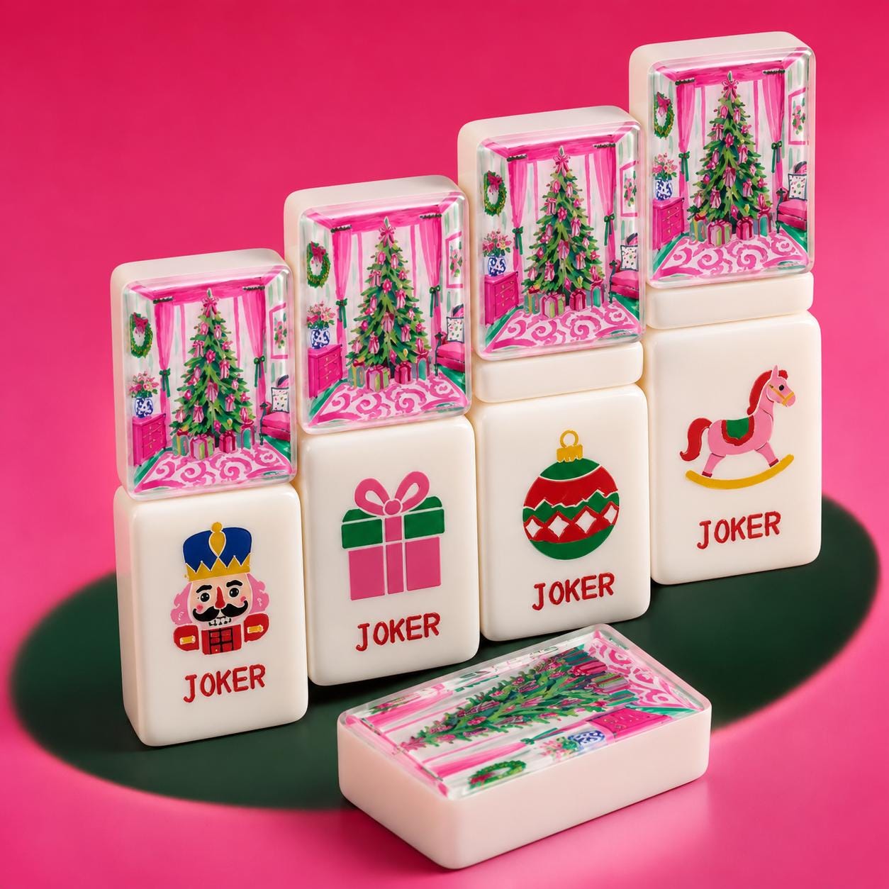 Pink Chinoiserie Christmas Tree American Mahjong Tiles
