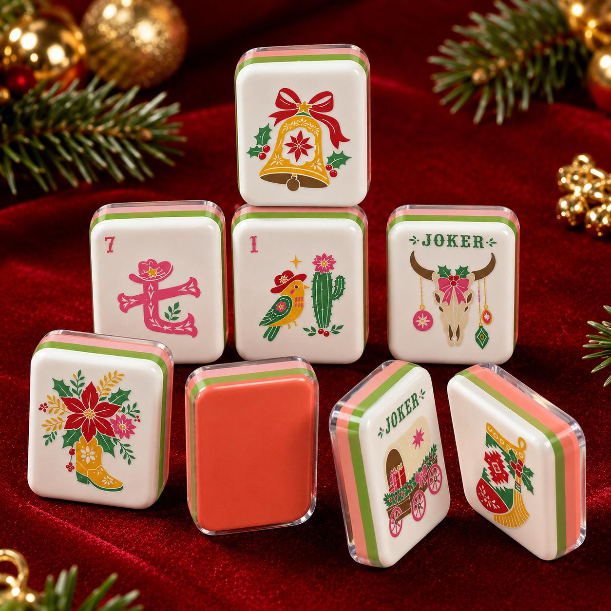 Western Holiday Cactus American Mahjong Tiles with decorated cactus cowgirl motifs and coral back