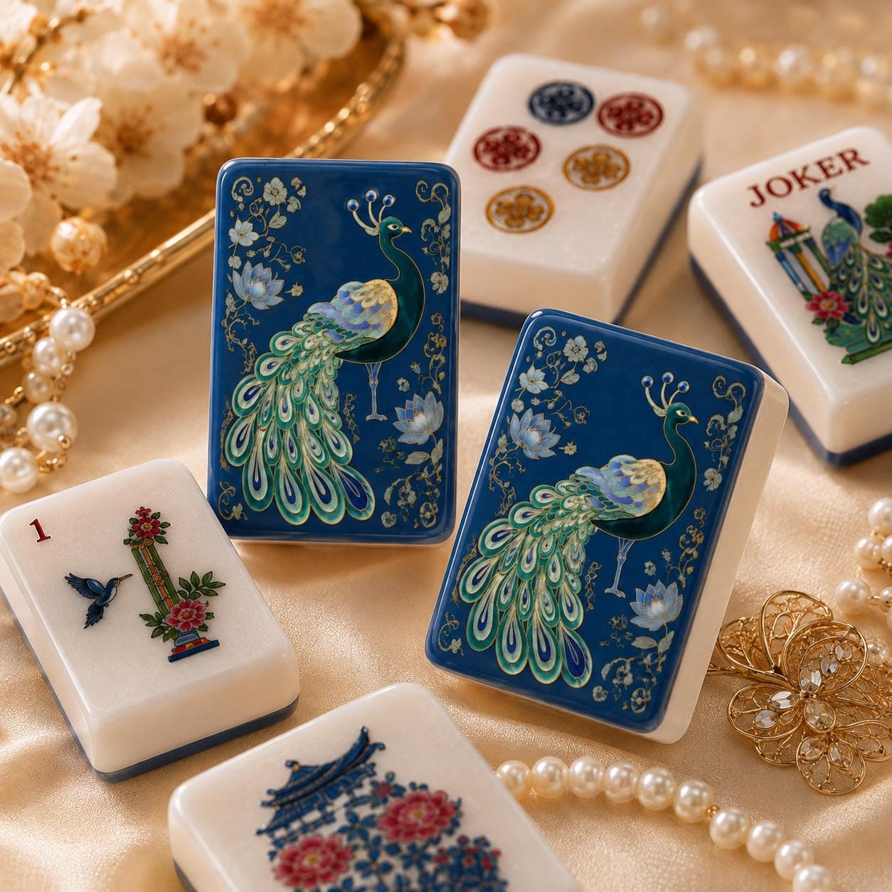 Navy Peacock Chinoiserie American Mahjong Tiles with peacock and blossoms on blue back