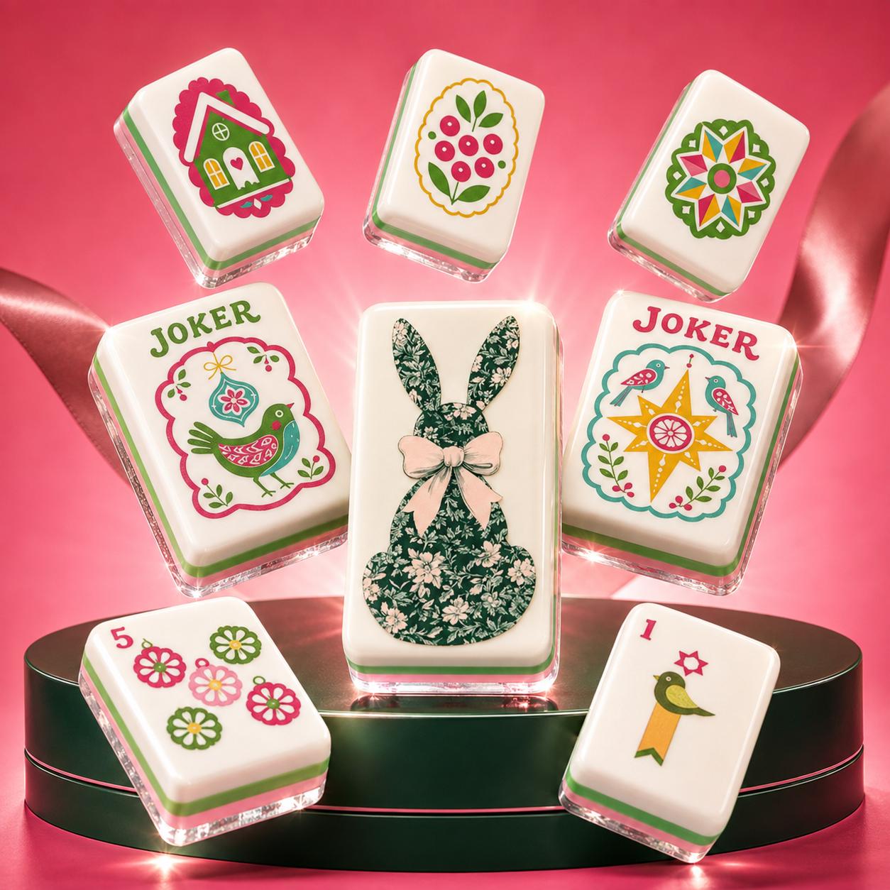 Floral Bow Bunny American Mahjong Tiles with green rabbit floral silhouette and pink bow