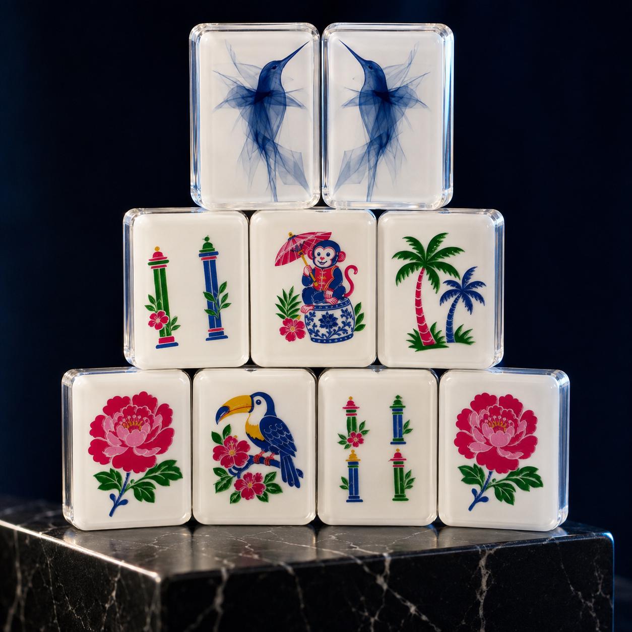 Chinoiserie Floral Bird American Mahjong Tiles with blue birds tropical bird faces and flowers
