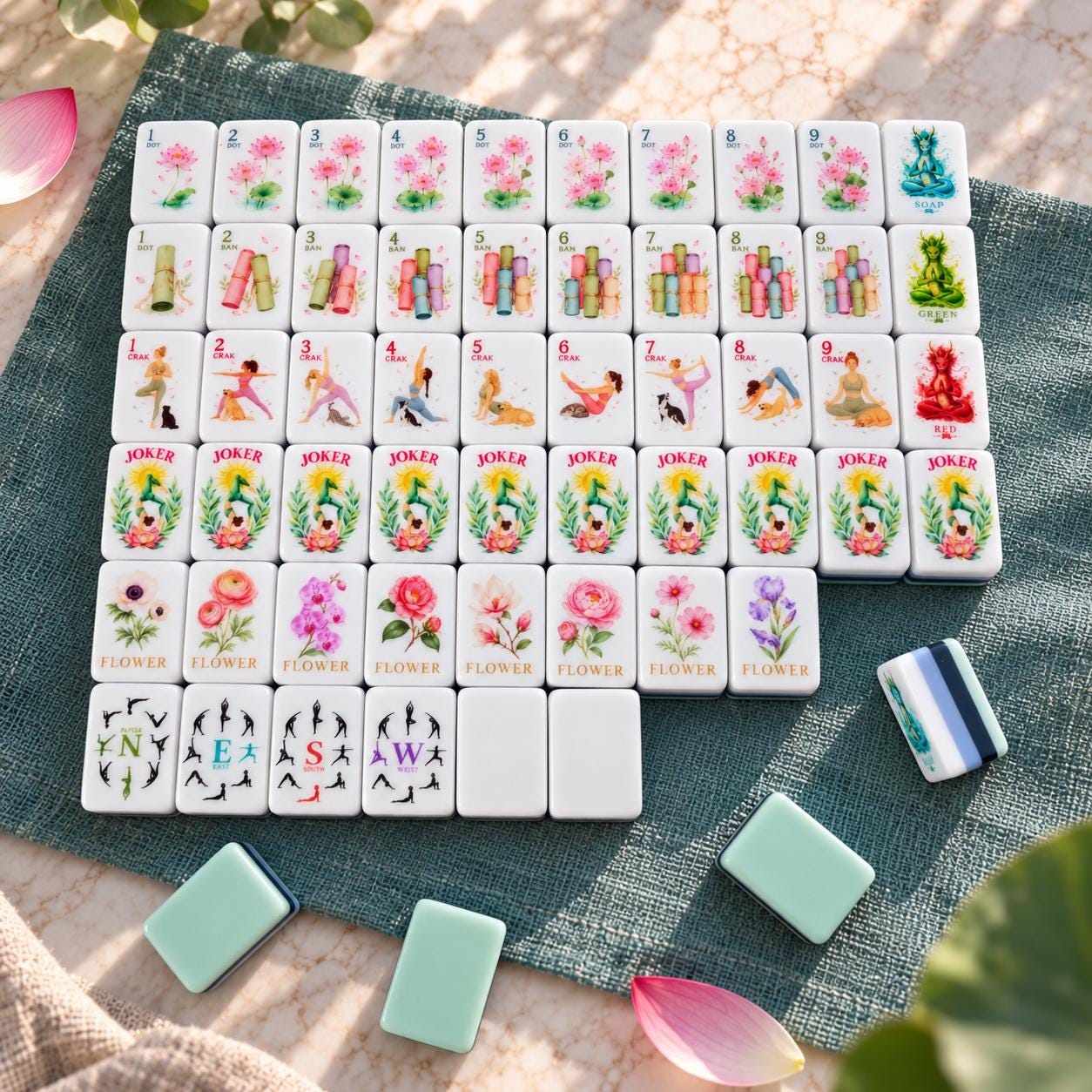 Watercolor Yoga Garden American Mahjong tiles with lotus and yoga pet artwork