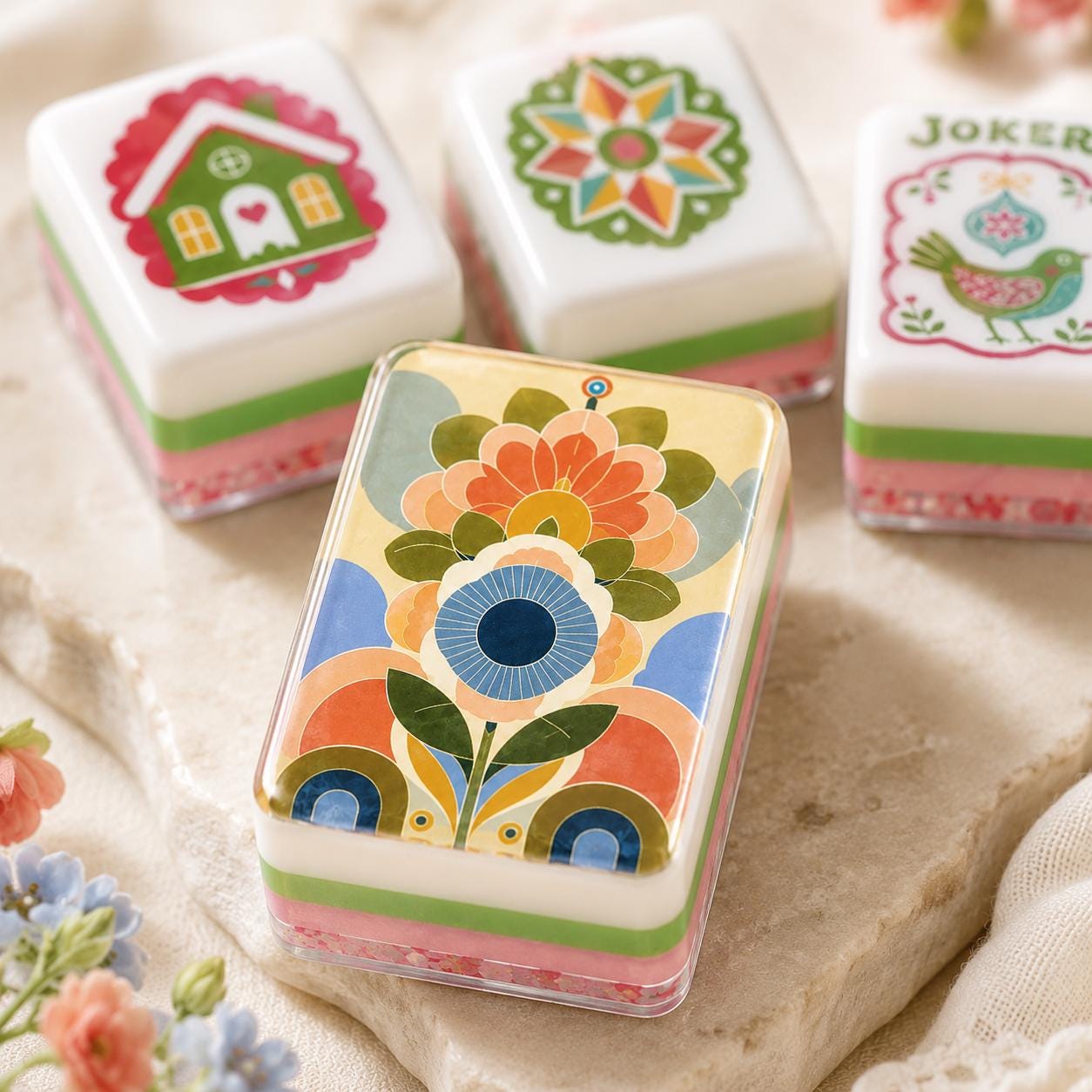 Mid-Century Floral American Mahjong Tiles with geometric orange blue and green flowers