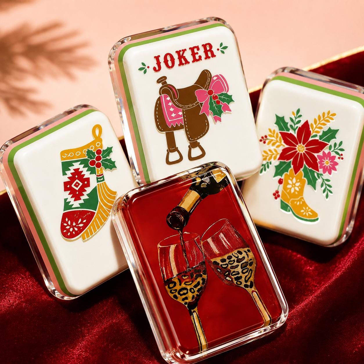 Western Christmas Cowboy Boot American Mahjong Tiles with boot poinsettia and saddle Joker