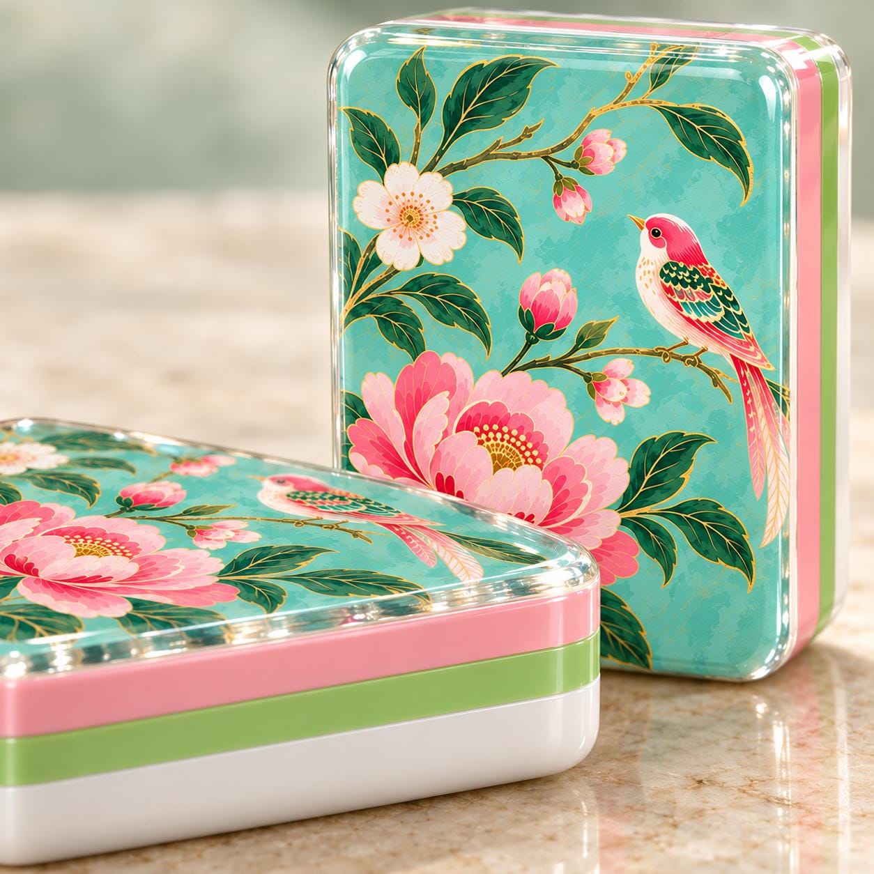 Aqua Peony and Bird American Mahjong Tiles with pink flowers and bird on turquoise back
