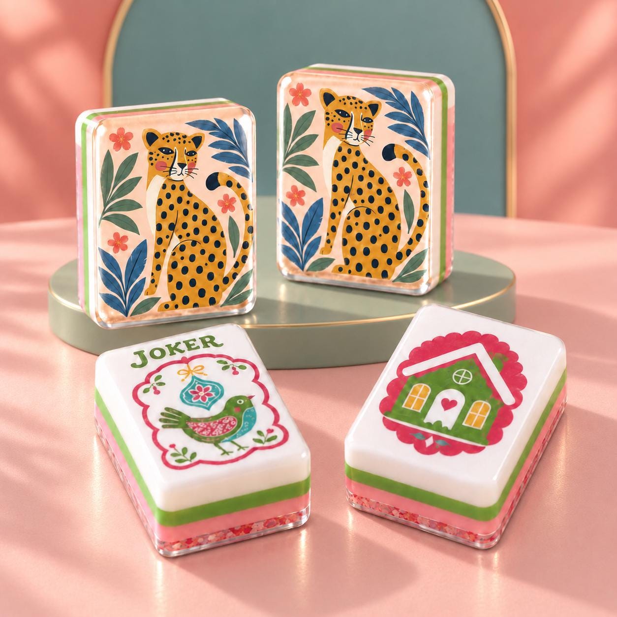 Folk-Art Leopard American Mahjong Tiles with yellow leopard and blue leaves