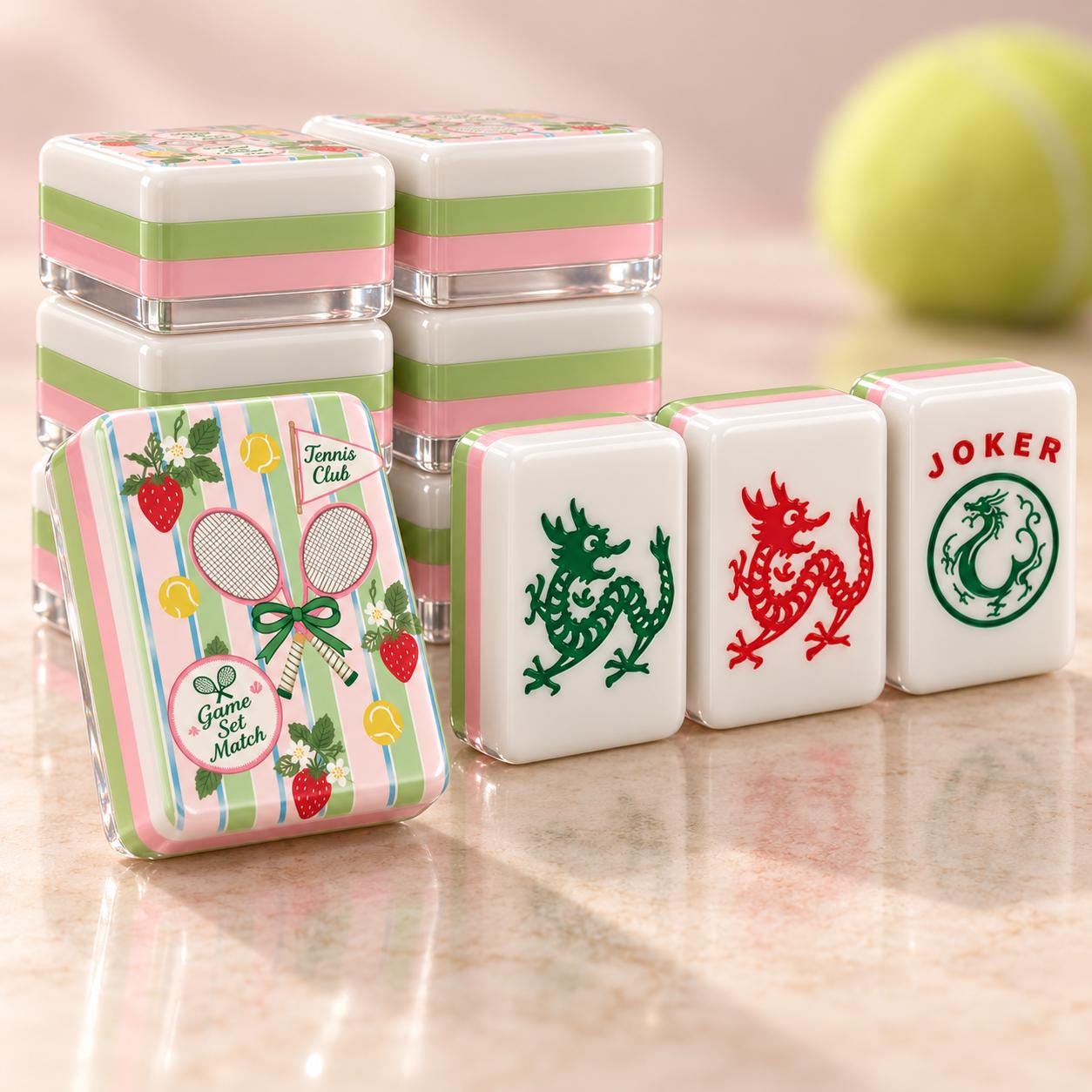 Strawberry Tennis Club American Mahjong Tiles with rackets strawberries and striped back