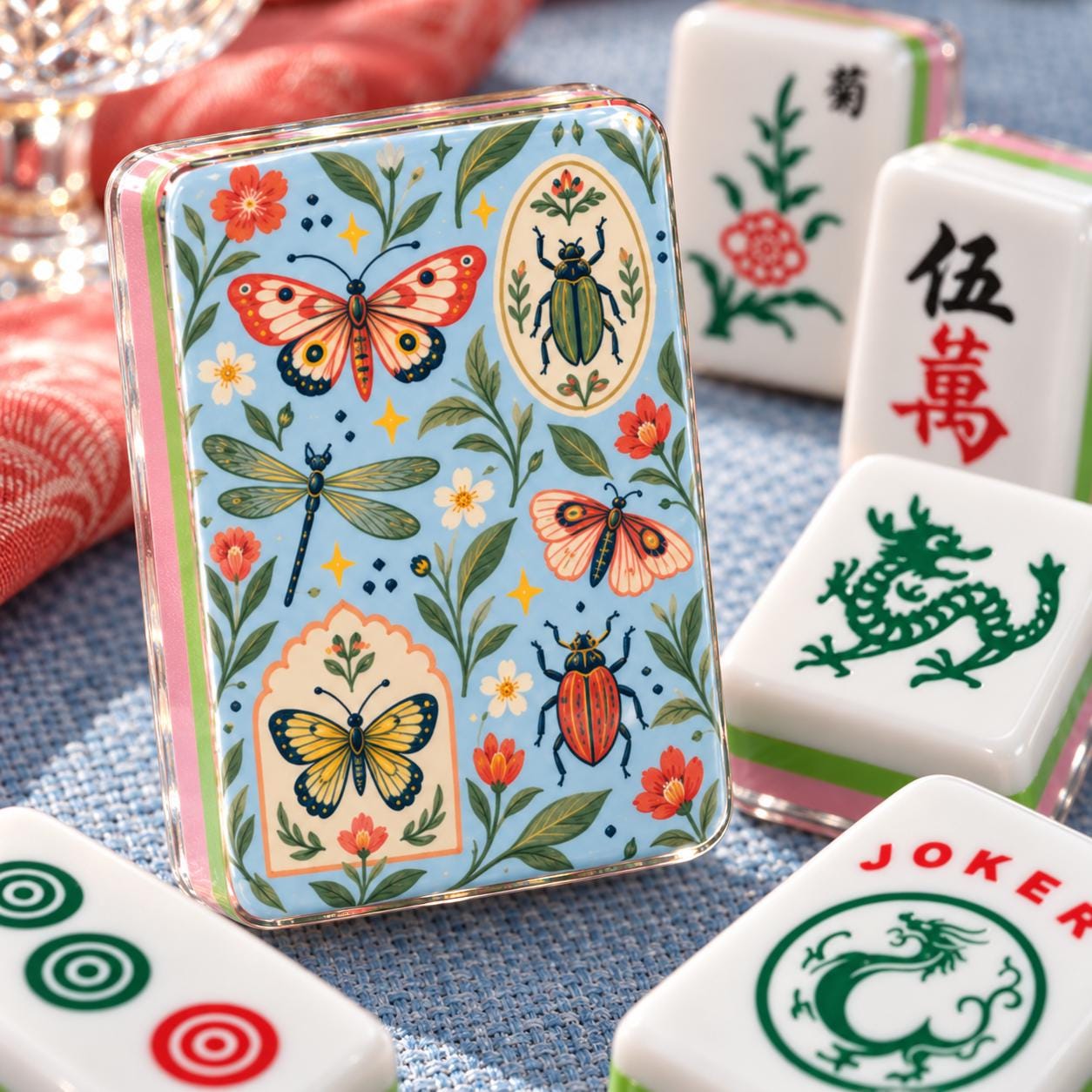 Butterfly and Beetle Garden American Mahjong Tiles with insects and flowers on blue back