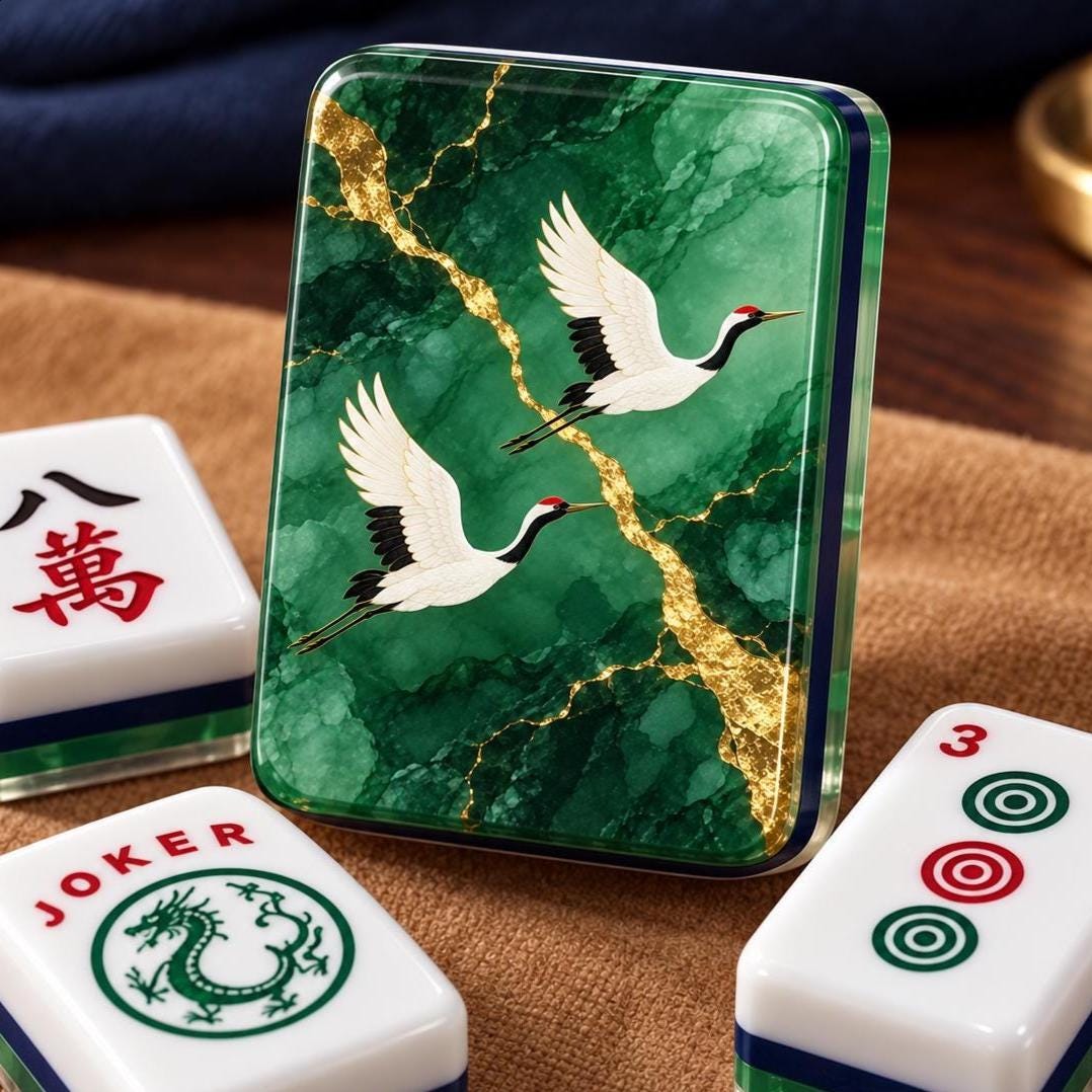 Emerald Crane Marble-Look American Mahjong Tiles with two cranes on green back