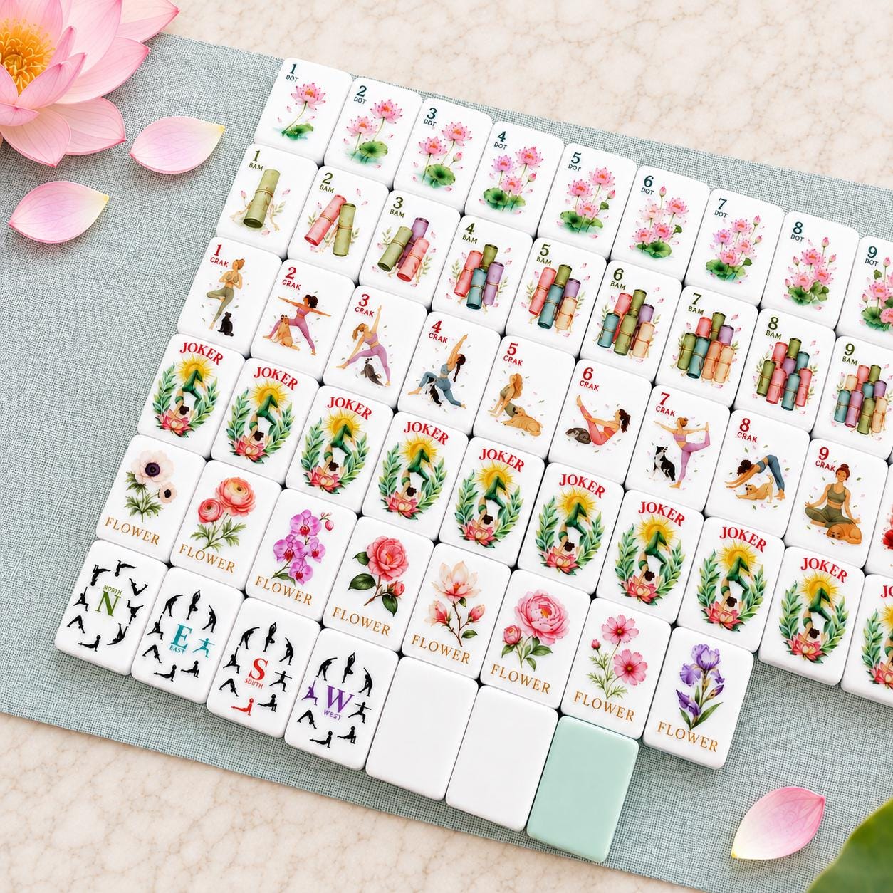 Watercolor Lotus Yoga American Mahjong Tiles with pink lotus flowers yoga pose pet and mint backs
