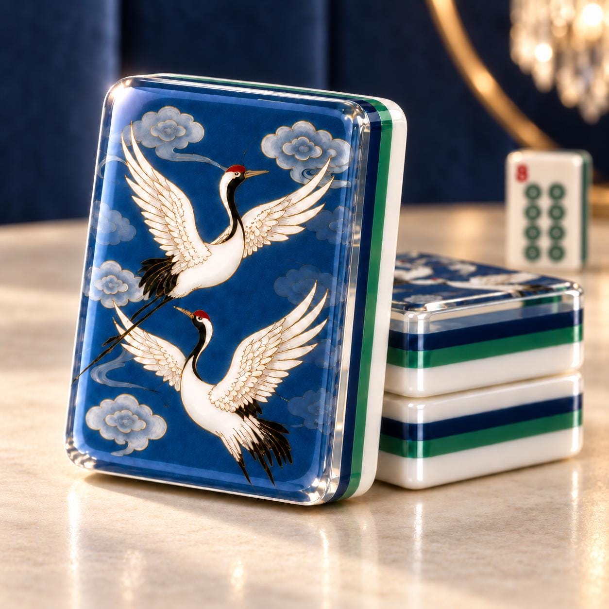 Blue Crane Cloud American Mahjong Tiles with two white cranes on cobalt backs