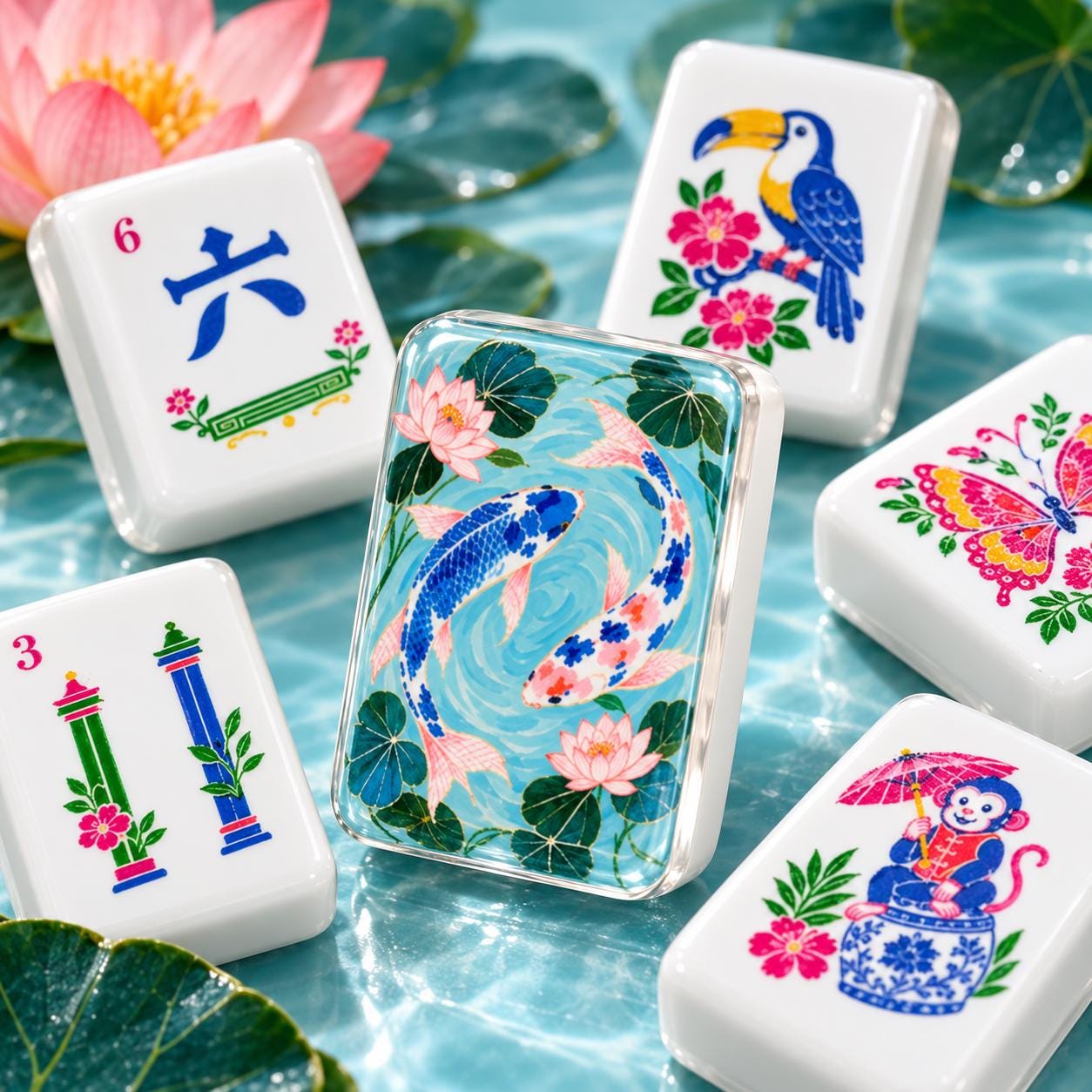 Blue Pond Koi American Mahjong Tiles with two koi and pink lotus on blue back