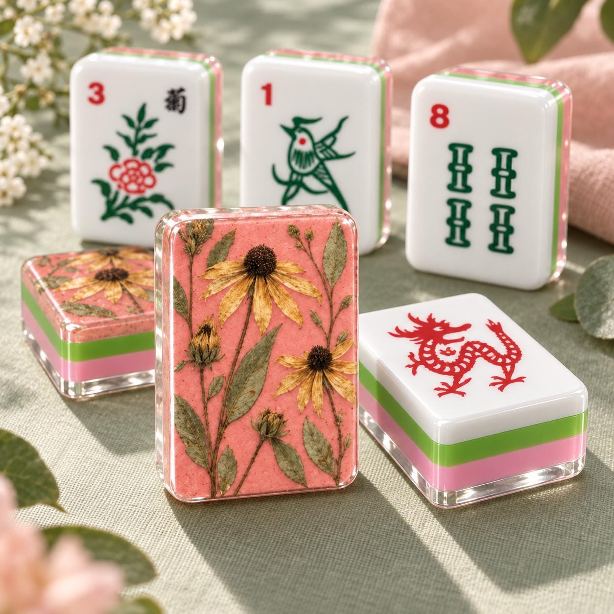 Pressed Wildflower Pink American Mahjong Tiles with yellow flowers on rosy back