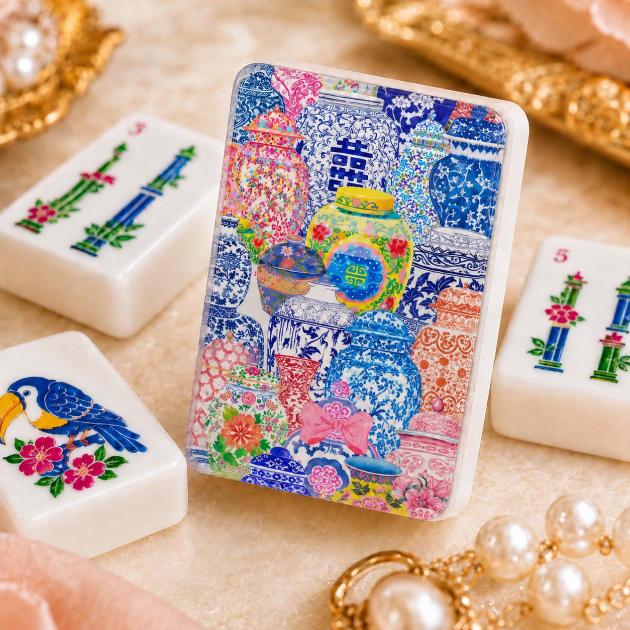 Colorful Ginger Jar American Mahjong Tiles with patterned jar collage on back