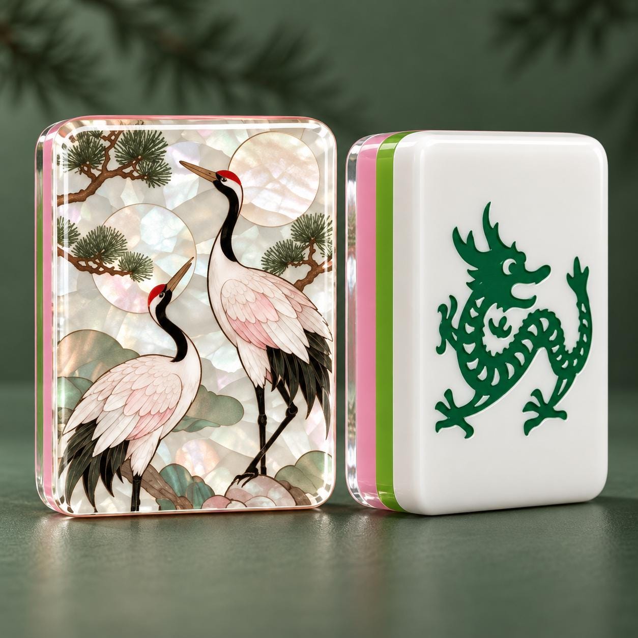 Crane and Pine Chinoiserie American Mahjong Tiles with two cranes and pine branches