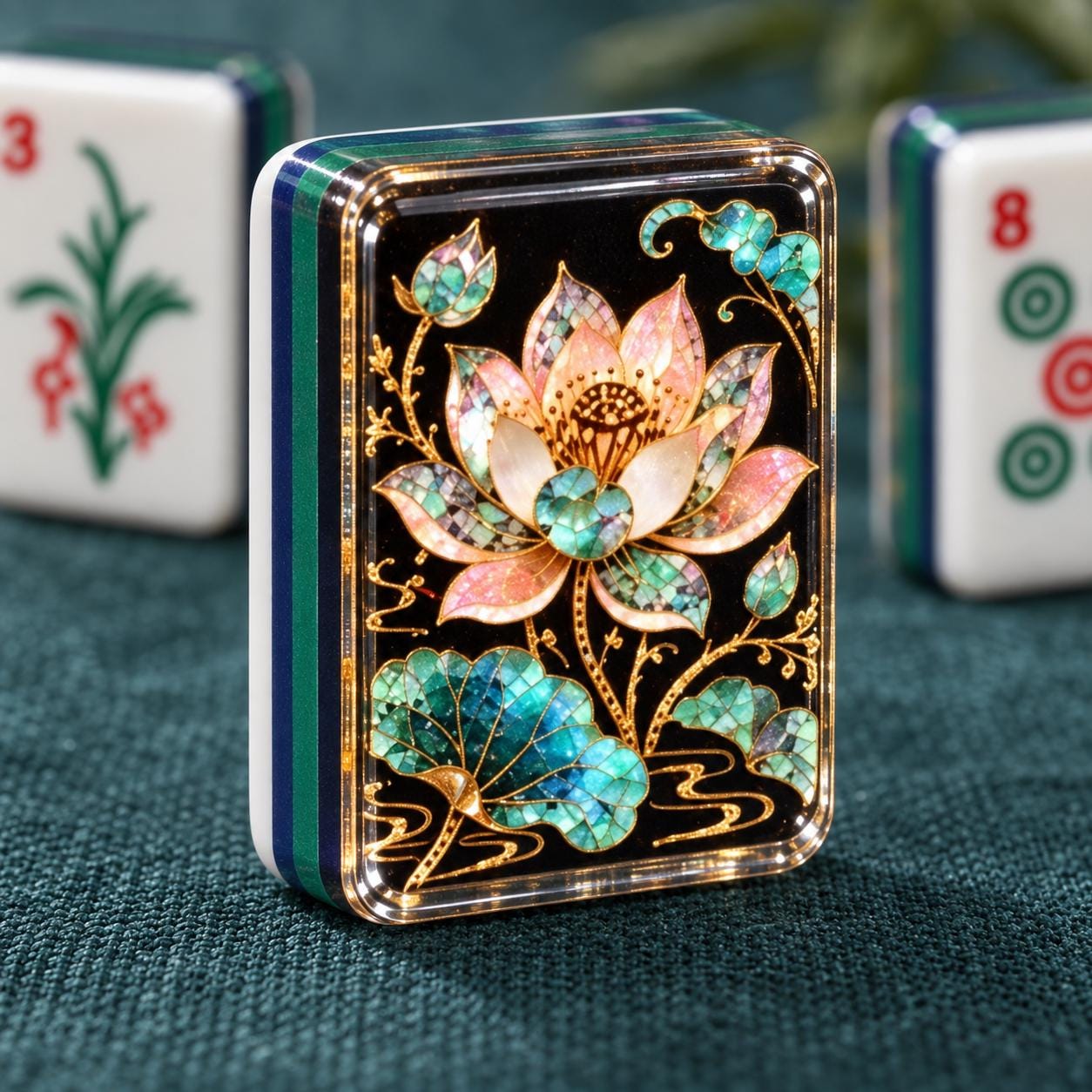 Stained-Glass Lotus American Mahjong Tiles with pink teal lotus on black back