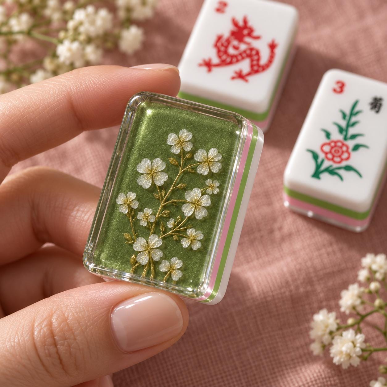 Olive Green White Blossom American Mahjong Tiles with small white flowers on green backs