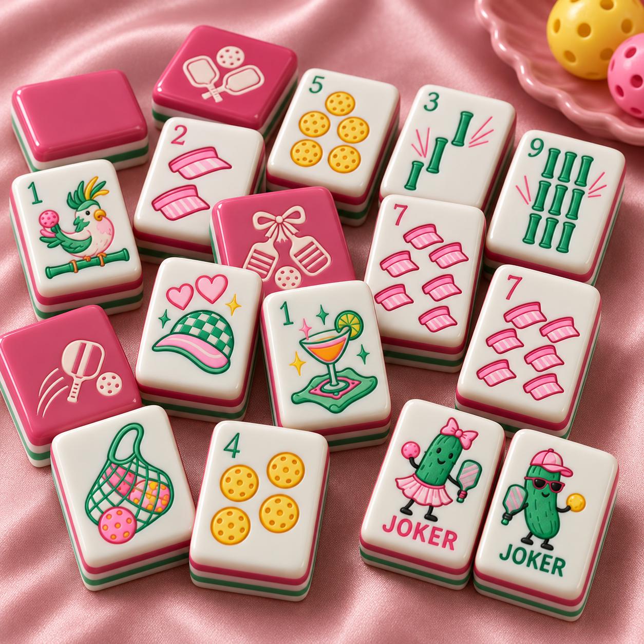 Pink and Green Pickleball American Mahjong Tiles with paddles balls and pickle Jokers