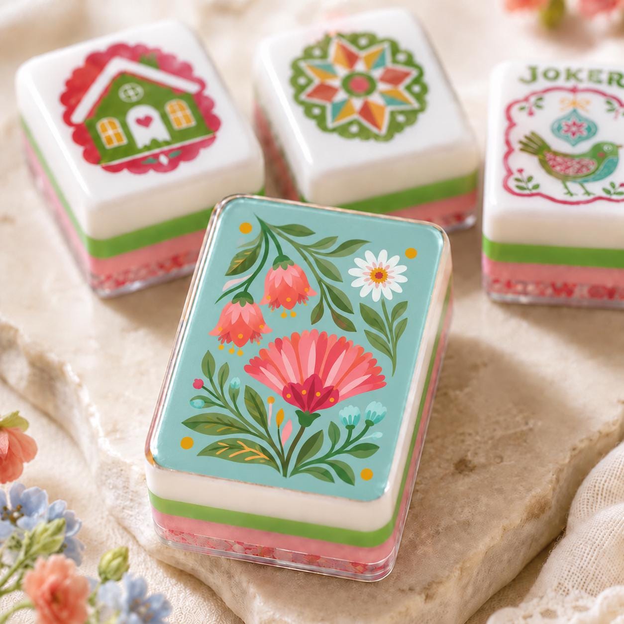 Turquoise Folk Floral American Mahjong Tiles with pink blossoms on aqua backs