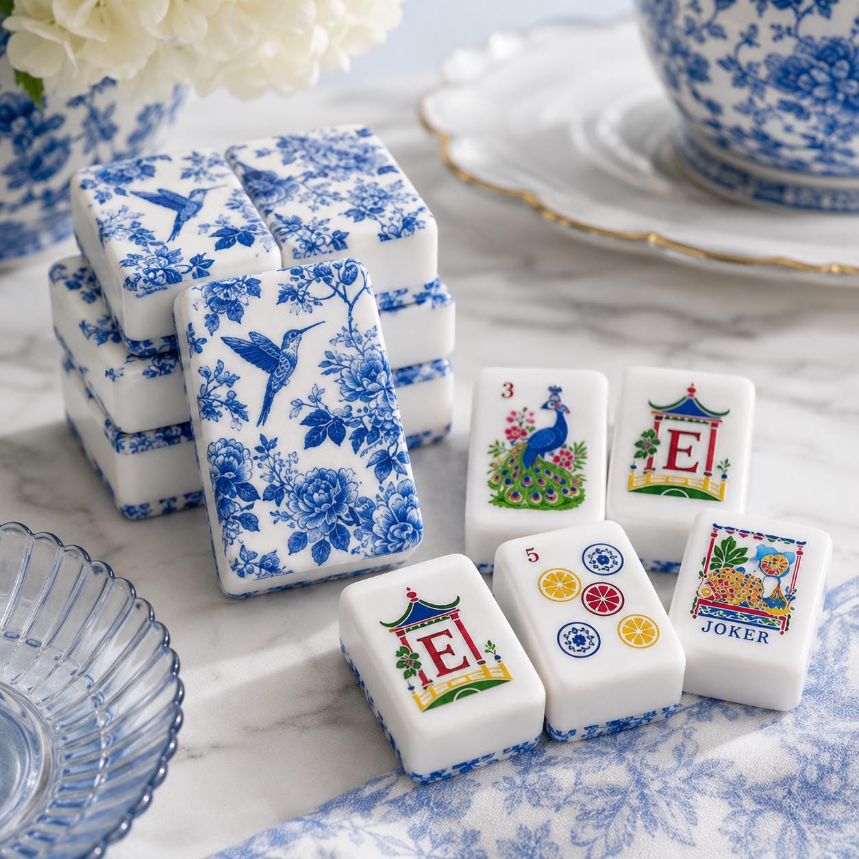Blue Chinoiserie Bird American Mahjong Tiles with blue bird and floral backs