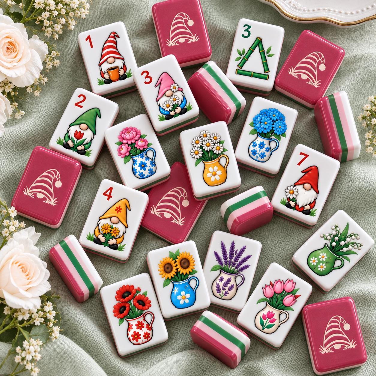 Pink Garden Gnome American Mahjong Tiles with red-cap gnomes and flower pitchers