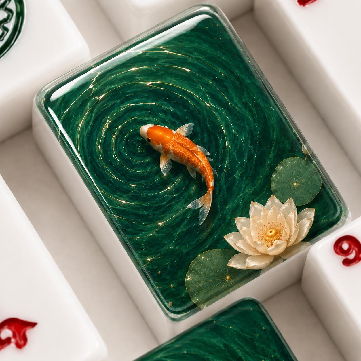 Koi Lotus Pond American Mahjong Tiles with orange koi and white lotus on green back
