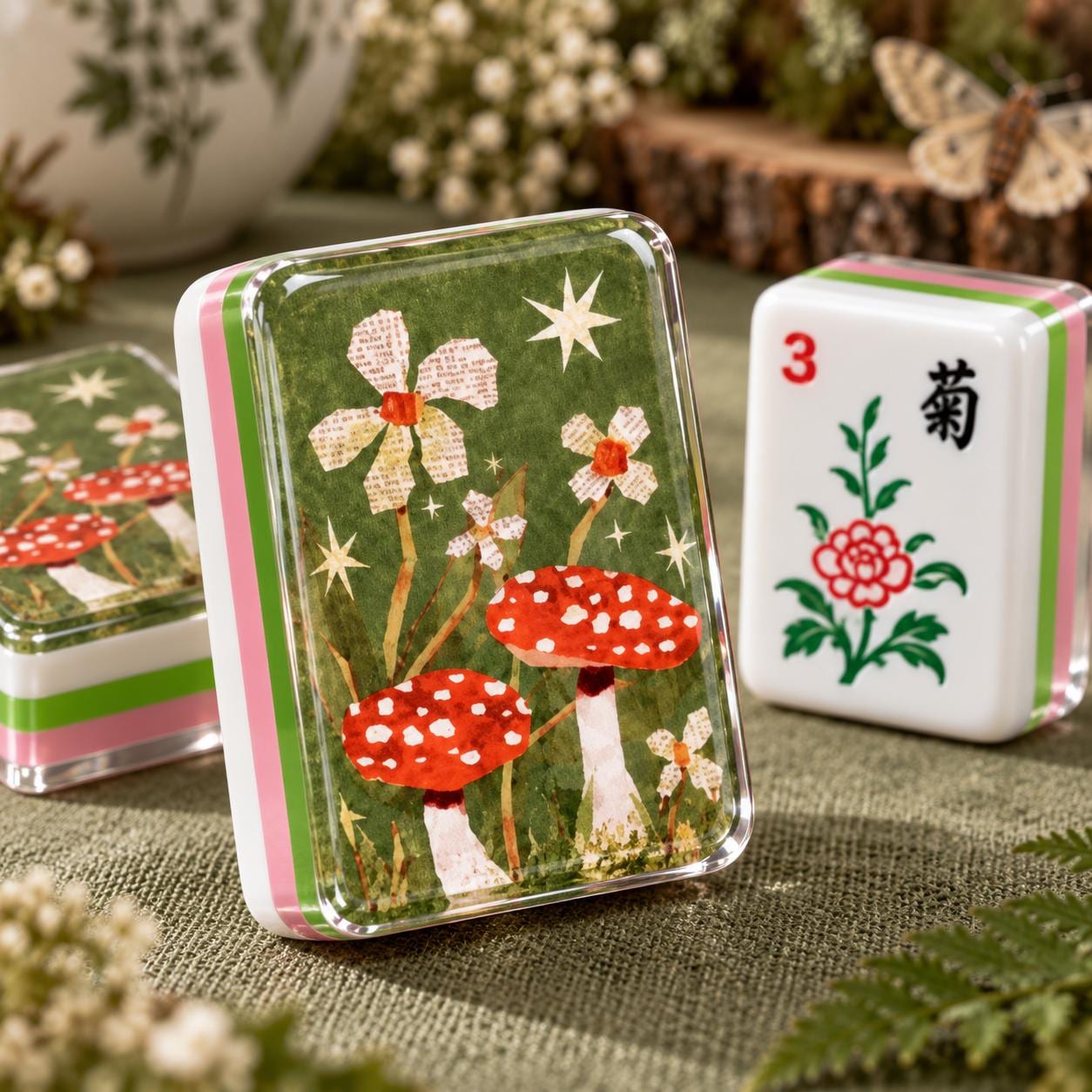 Woodland Mushroom American Mahjong Tiles with red spotted mushrooms on green back