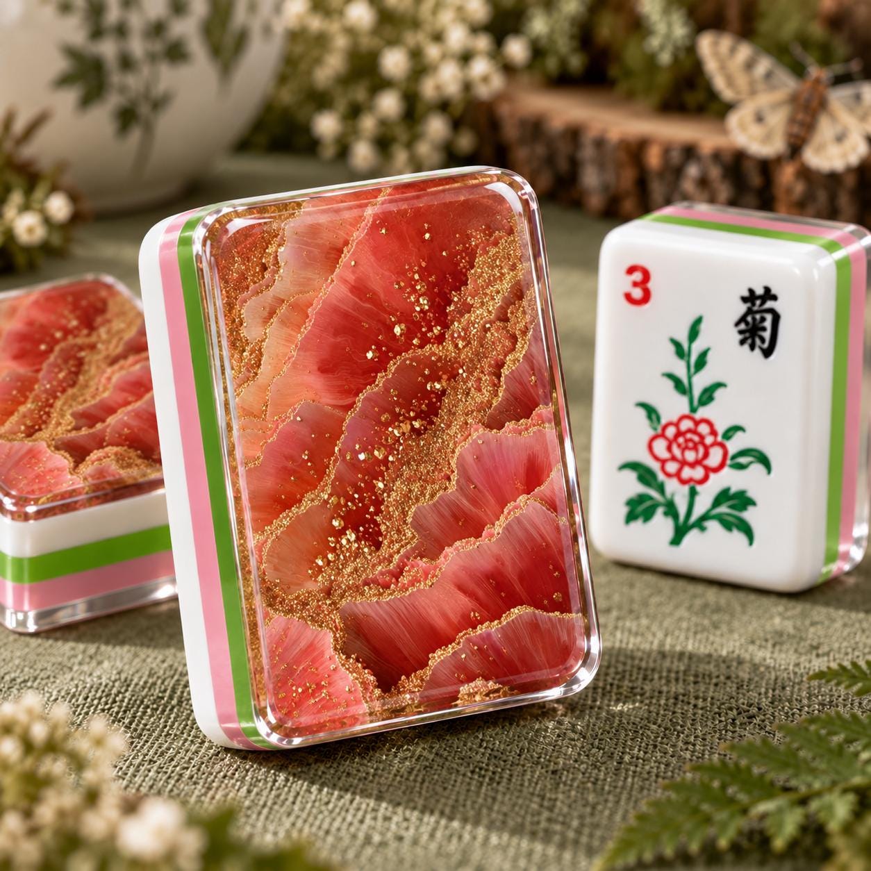 Coral Pink Geode American Mahjong Tiles with coral stone-like back design