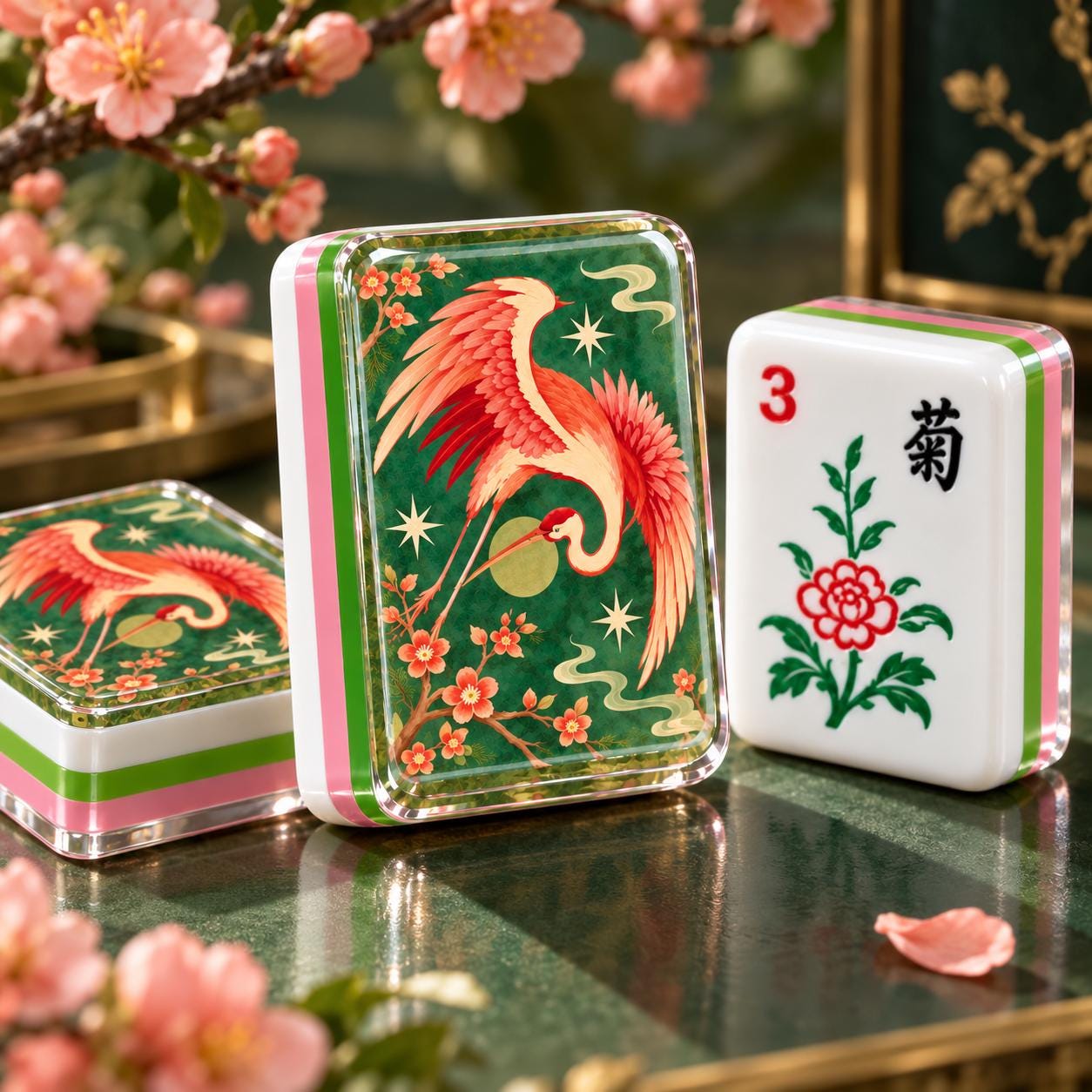 Crane and Cherry Blossom American Mahjong Tiles with coral crane on green back