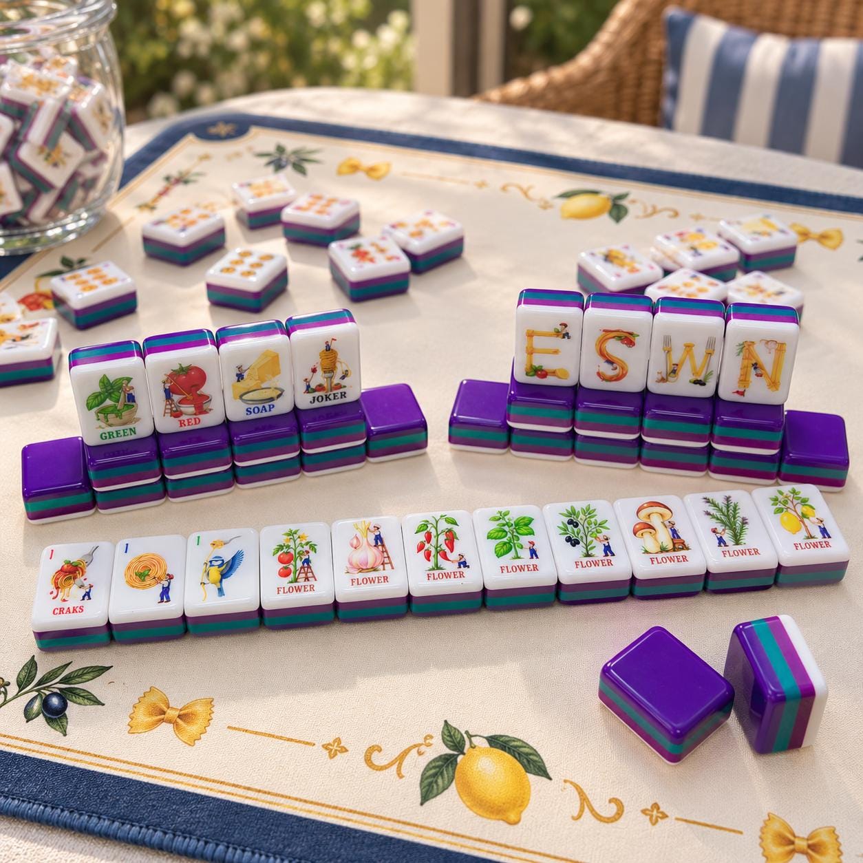 Italian Pasta Purple Back American Mahjong Tiles with spaghetti herbs tomatoes and purple backs