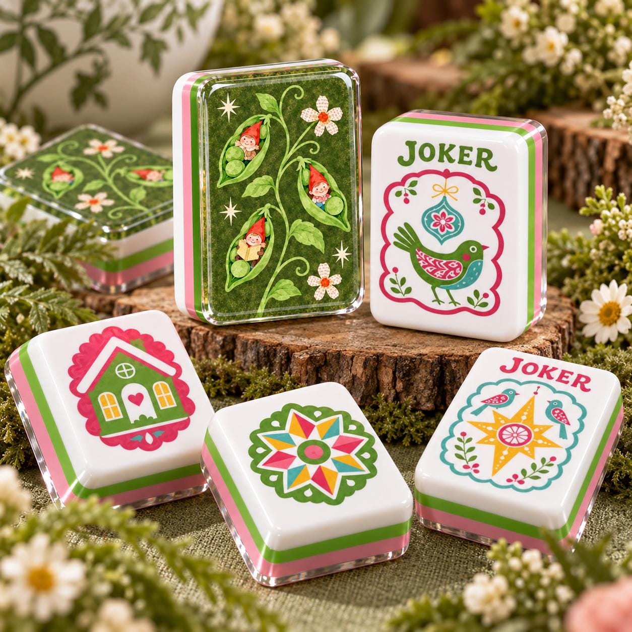 Garden Gnome Floral American Mahjong Tiles with red-cap gnomes and daisies