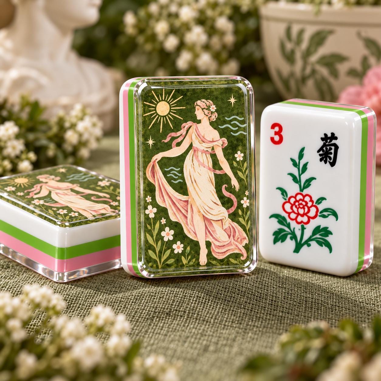 Goddess Garden American Mahjong Tiles with classical figure and floral green back