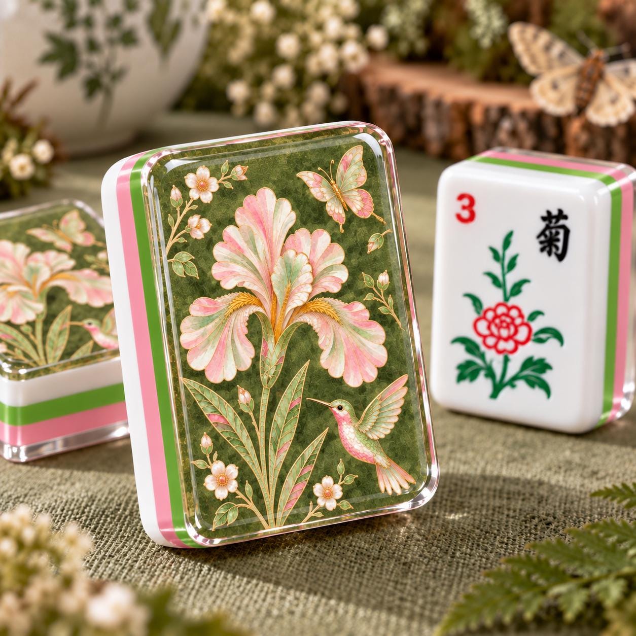 Iris Hummingbird Floral American Mahjong Tiles with pink iris on green backs