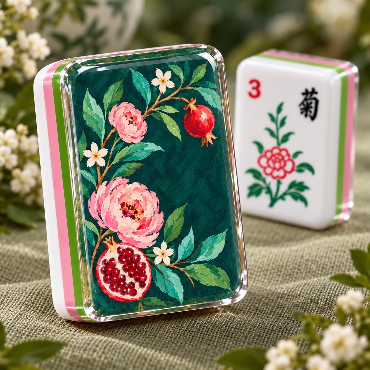 Green-Back Pomegranate Floral American Mahjong Tiles with pink blooms and pomegranate