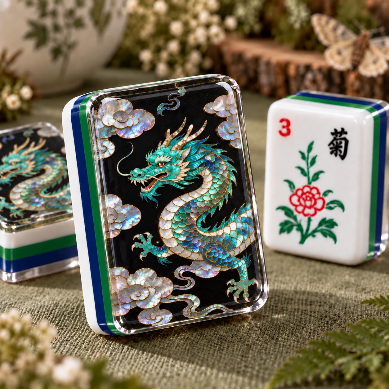 Black Jade Dragon American Mahjong Tiles with turquoise dragon on dark backs