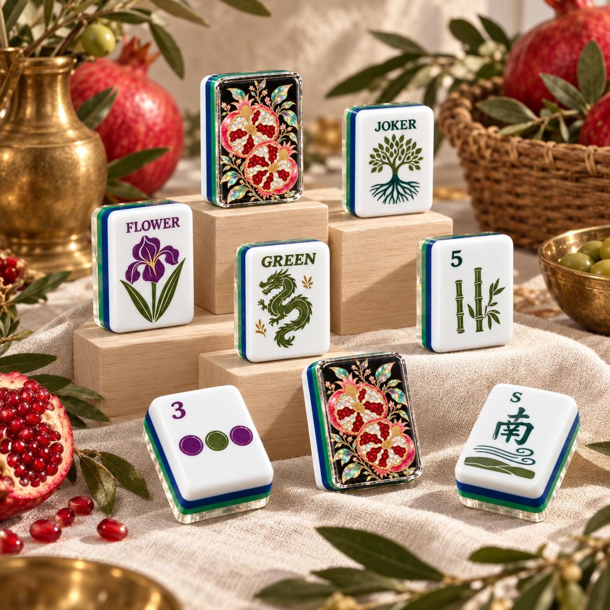 Pomegranate Botanical American Mahjong Tiles with fruit and leaves on dark backs