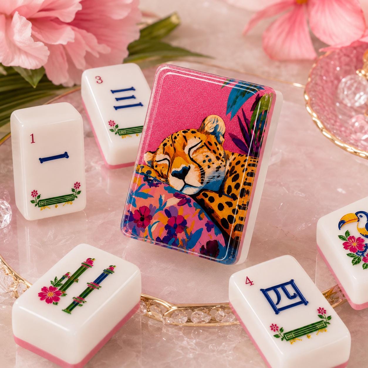 Pink Leopard Tropical American Mahjong Tiles with leopard and floral artwork