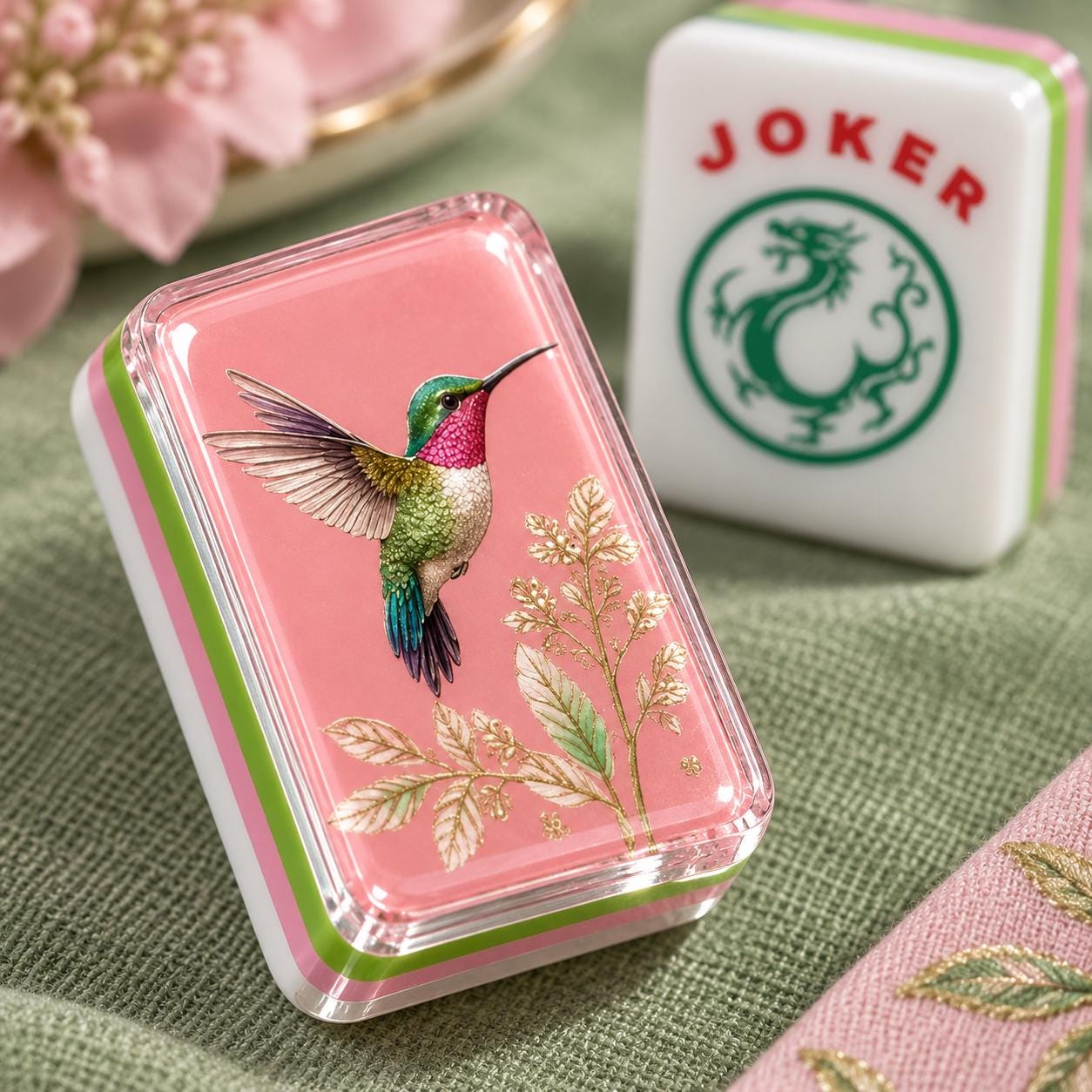 Pink Hummingbird Botanical American Mahjong Tiles with green hummingbird on pink backs