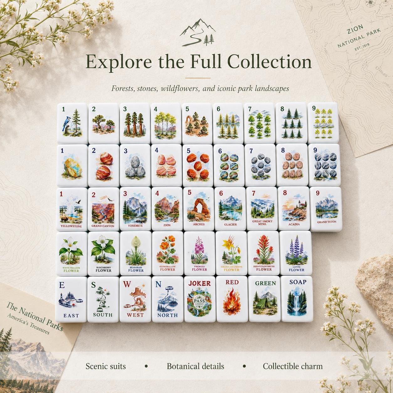 Stone and forest National Park inspired American Mahjong tiles with campsite artwork