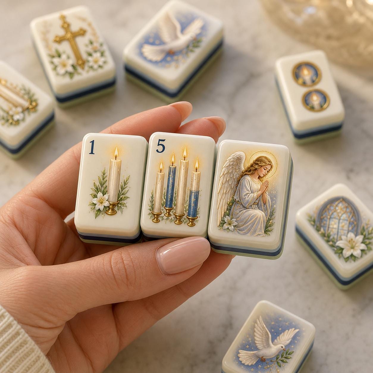 Prayerful Angel and Candle American Mahjong Tiles with kneeling angel candle and dove faces