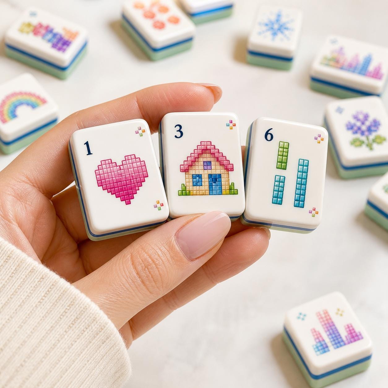 Pixel Art Retro American Mahjong Tiles with pink pixel heart house and colored Bams