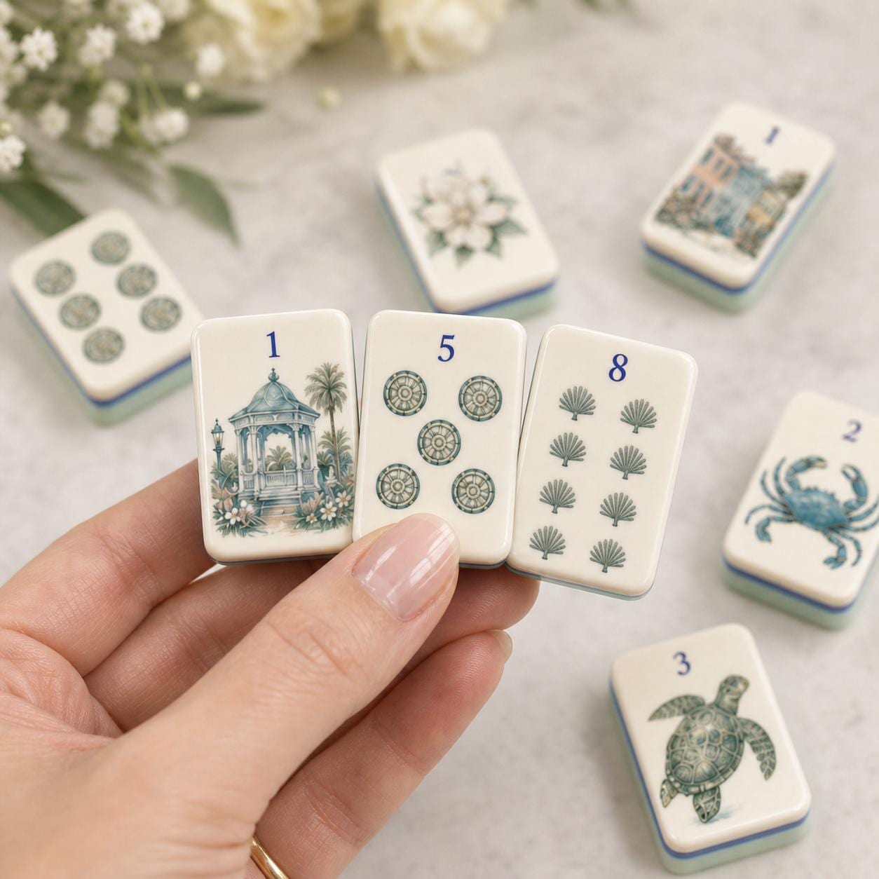 Charleston Palmetto Coastal American Mahjong Tiles with gazebo fan palms and sea turtle