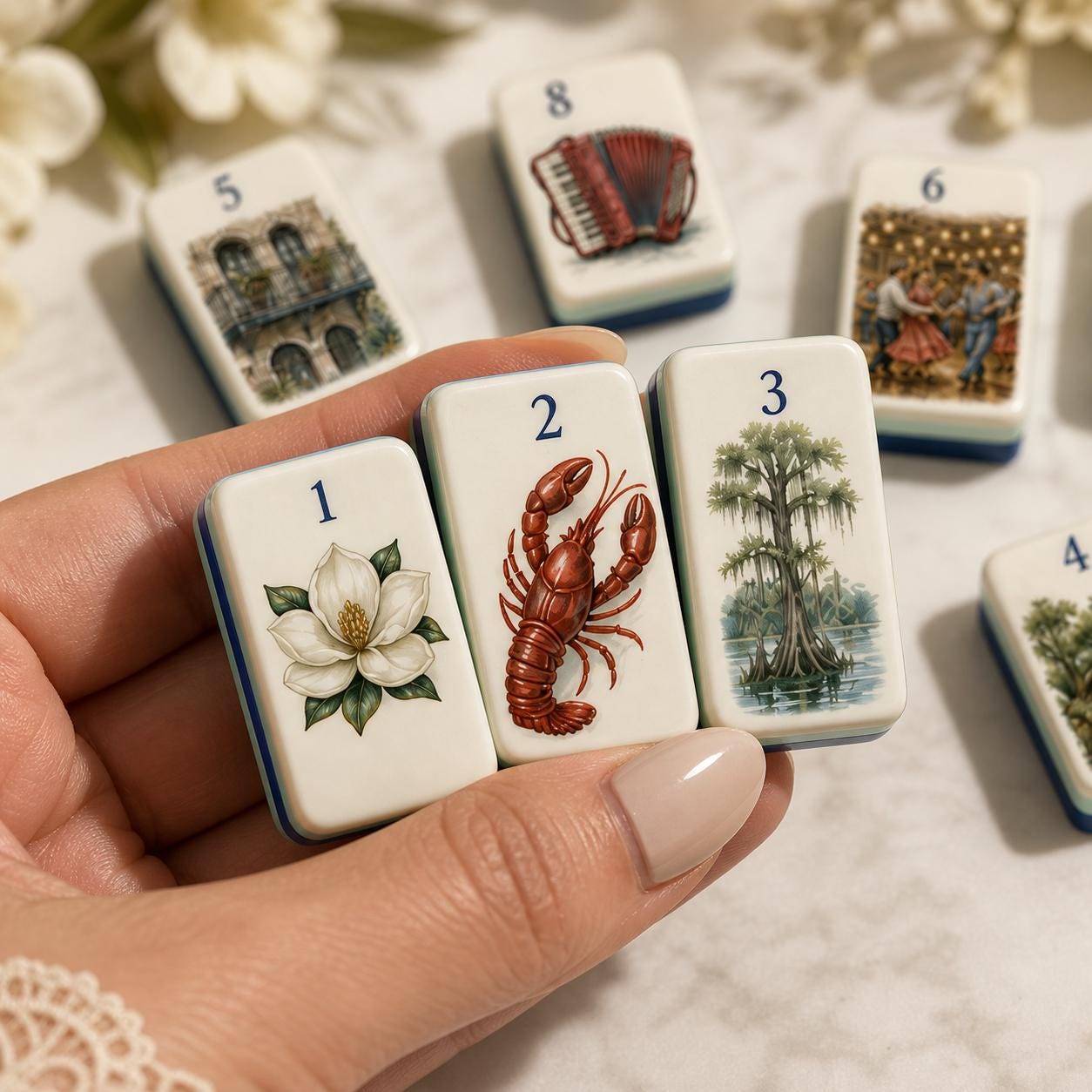Lafayette Cajun Bloom American Mahjong Tiles with magnolia crawfish and cypress art