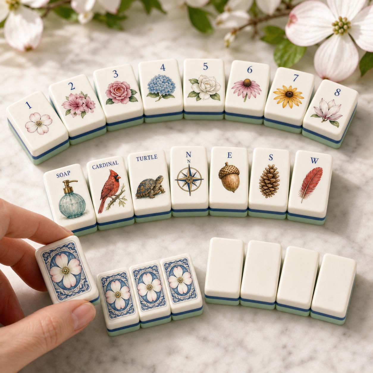 Dogwood Garden American Mahjong Tiles with cardinal turtle acorn and flower art