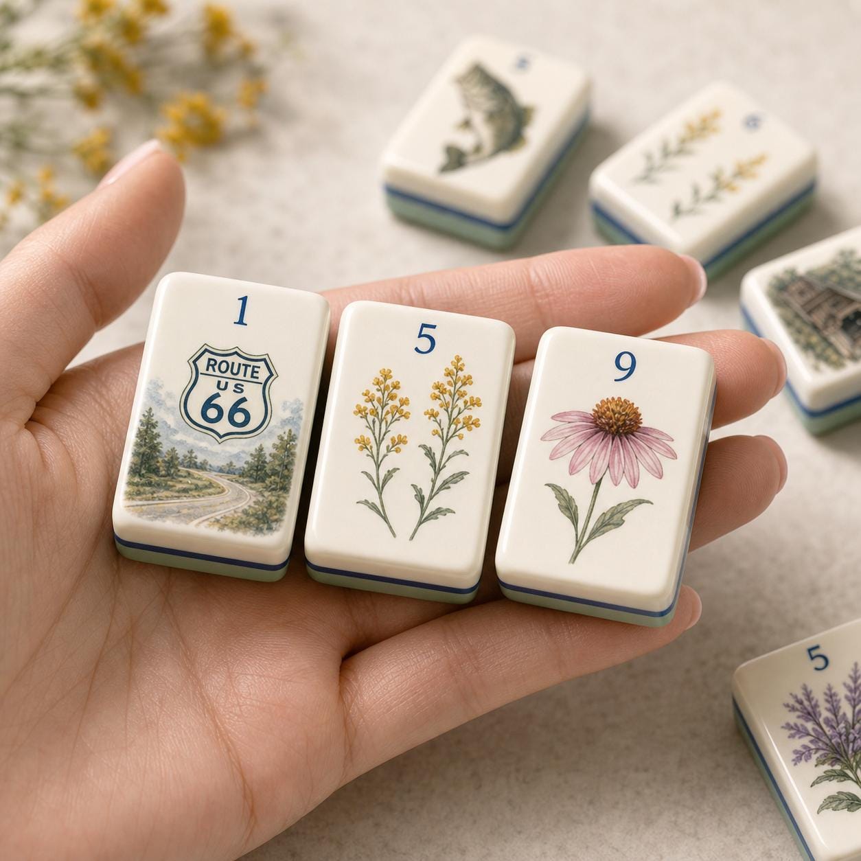 Ozark Wildflower Road Trip American Mahjong Tiles with Route 66 and prairie flower artwork